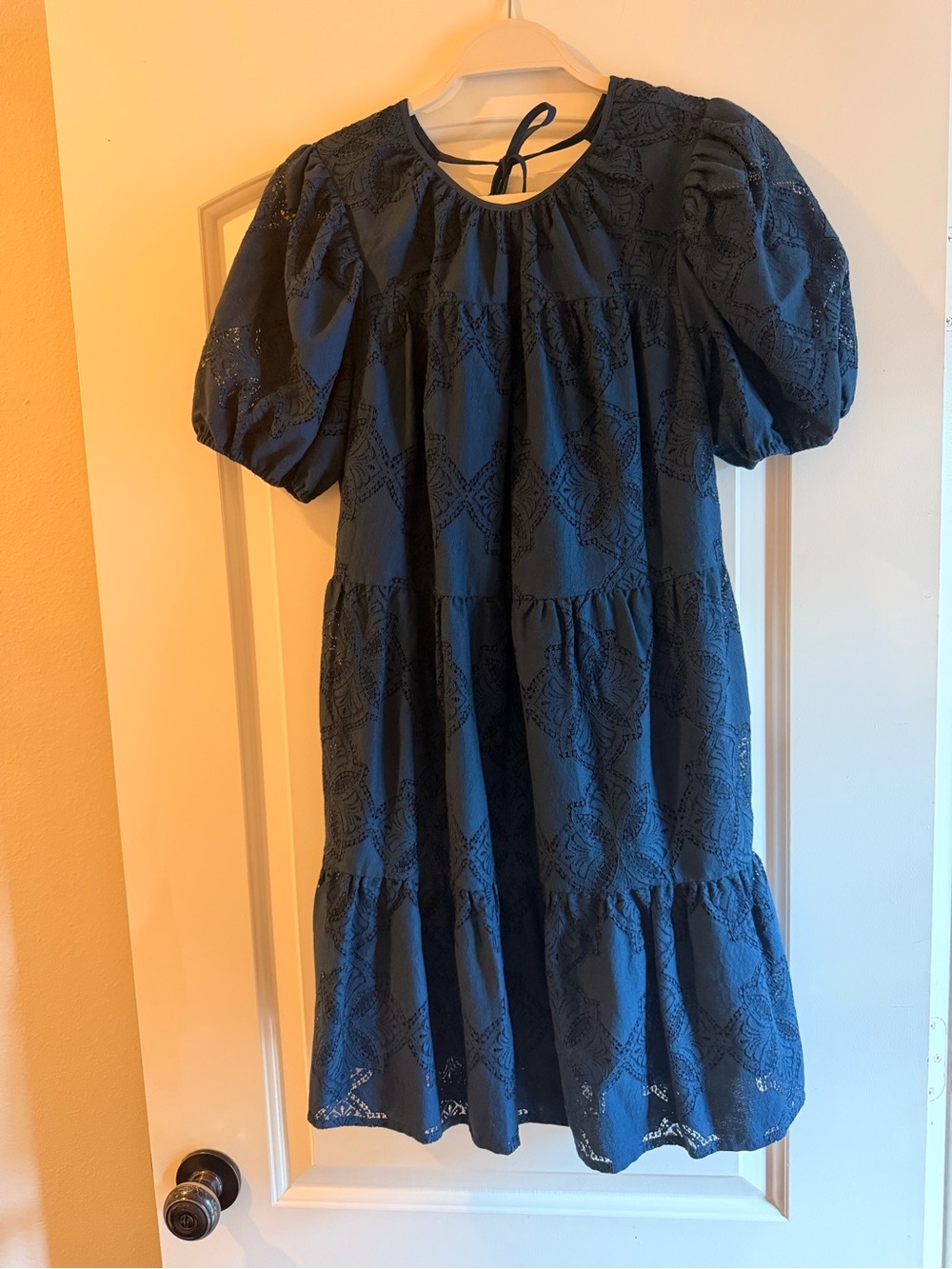 Adelyn Rae Navy Puff Sleeve Tiered Eyelet Dress